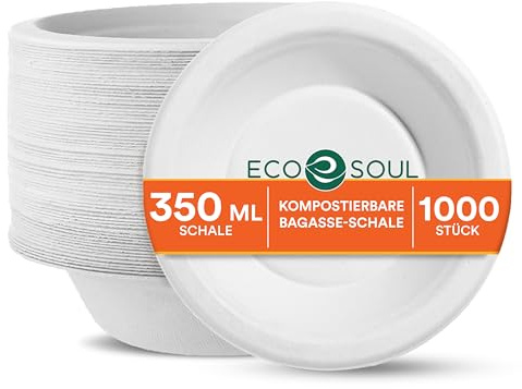 ECO SOUL 100% Kompostierbare weiße 12 Oz (350 ml) Suppenschalen – 1000 Stück | Biologisch abbaubare Einwegschalen aus Bagasse | Umweltfreundlich, mikrowellengeeignet & stabil