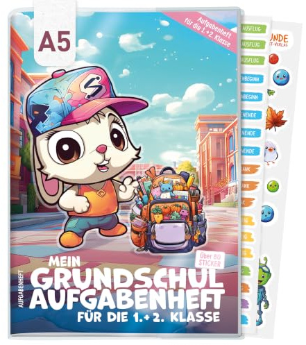 Hausaufgabenheft Grundschule A5 für die 1. + 2. Klasse ohne Datum mit Schutzhülle, Stickern, Lern- und Denkspielen Schultasche - nachhaltig & klimafreundlich