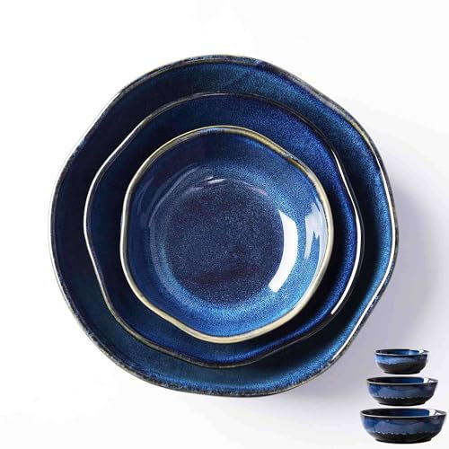 TYMYYS Ensaladera Grande De Cerámica, Sopera Azul Japonesa, Juego De Vajilla De Gres Vintage, Juego De Cuencos Para Servir De 400ml/800ml/1600ml