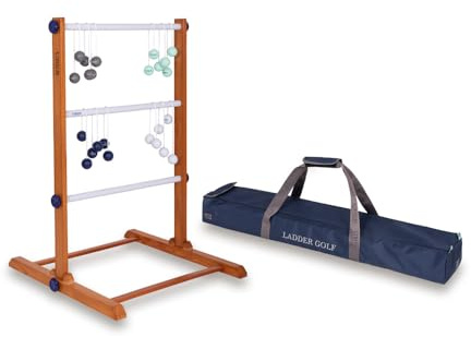 Uber Games Jeu de golf échelle en bois d'hévéa – 12 balles de bolas or véritable – Sac de transport et rangement en toile