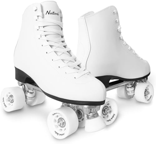 Roller Skates for Women with PU Leather High-top Double Row Rollerskates, Unisex-Adult Indoor Outdoor White Derby Skate Size Women 8 with Adjustable Fast Braking for Beginner