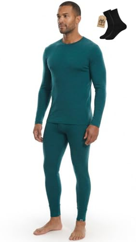 MERINNOVATION 100% biancheria intima merino Harren Set leggero, medio, biancheria intima termica in lana merino, maglietta a maniche lunghe …, Bayberry Green 250, L
