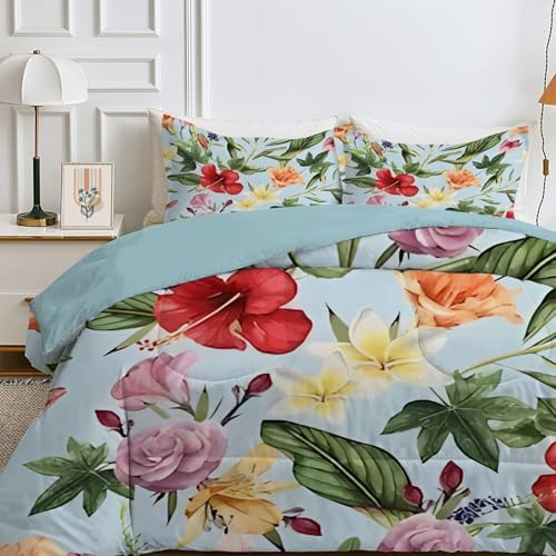 Qiwagu Bettdecke 135x200 4 Jahreszeiten, Wende Bunte Blumen Steppdecke Waschbare, Bettdecke ohne Bezug Nutzbar, Leicht Weiche Schlafdecke 200GSM, Ganzjahresdecke Blau mit 1 Kissenbezug (ohne Kissen)