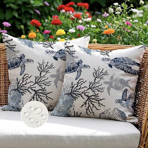 Funda de Cojines Exterior Jardin Cojines 40 x 40 cm Sillas Terraza Impermeable Tortuga Marina Azul Decoración de Cojines de Verano para Jardín Sofá Salón Terraza Cama Juego de 2