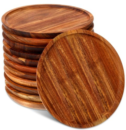 Rtteri 12 Pcs Acacia Wood Dinner Plates Round Wood Dishes Wooden Charger Serving Tray Easy Cleaning Lightweight Unbreakable Classic Plate for Snack Dessert Housewarming Gift(0.98 Inches)