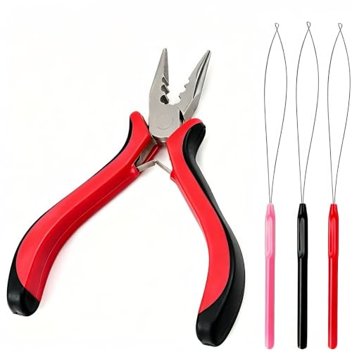 Nano Beads Hair Extension Pliers, 3-Hole Anti Slip Handles Hair Pliers Sets, Professional Hair Extensions Tool for Micro and Nano Ring Hair Extensions (Pink, 4 Pcs)