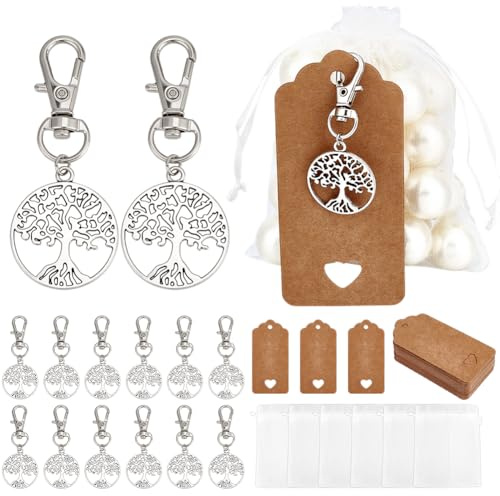 PH PandaHall Set di 48 portachiavi a forma di albero della vita, bomboniere per feste, in argento, con sacchetti regalo in organza, bomboniere per celebrazione della vita, piccola borsa a rete con
