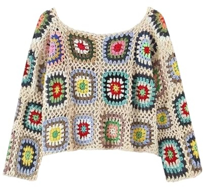 Maglione da donna fatto a mano, con pizzo all'uncinetto, maniche lunghe, per donne alla moda, beige., Taglia unica