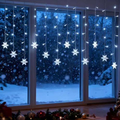 Sunshine smile Lichterkette Schneeflocken,4M 115 LEDs Lichtervorhang Batterie,Lichtervorhang Weihnachten mit 8 Modi und Fernbedienung,Lichterkette Fenster,LED Schneeflocke Vorhang Lichter