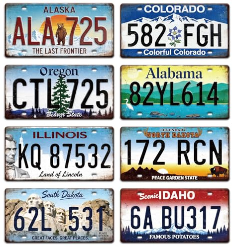 GLOBLELAND 8 Pcs Vintage License Plate Sign Sets 11.8×5.9 inch Rustic Metal Tin Signs License Famous Scenery Metal Car Plates Retro Wall Plaque Art for Man Cave Bar Pub Cafe Home Decor