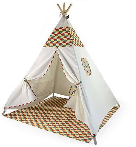 Hej Lønne Kinder Tipi, weißes Zelt mit Buntem Muster, ca. 120 x 120 x 150 cm groß, Spielzelt mit Bodendecke, inkl. Beutel und Anleitung, für drinnen und draußen, schadstofffrei