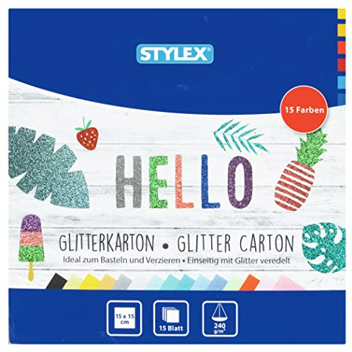 Stylex 46470 - Glitzerkarton, einseitig mit Glitzer veredelt, 15 x 15 cm, 240 g/m², 15 Blätter mit verschiedenen Glitzerfarben