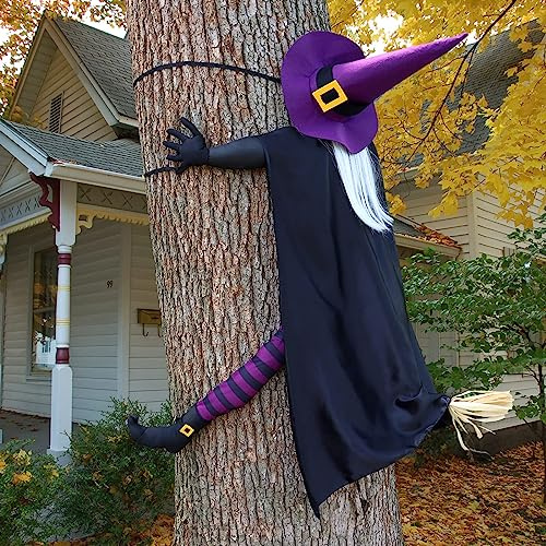 Giiffu Deko Halloween Outdoor- 145cm Hexe Baum Dekoration, Lustige Hexe Gegen Baum für Draußen Garten, Hof, Terrasse, Rasen, Haustür, Spukhaus, Halloween Ornament