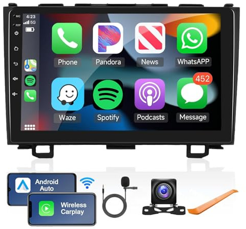 2G+64G Android Car Stereo for Honda CRV 2007-2011 with Wireless Carplay/Android Auto with WiFi GPS Navigation, 9 Touchscreen Bluetooth Car Radio Support USB FM/RDS EQ HD Backup