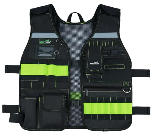 MELOTOUGH Chaleco de Herramientas Chaleco de Seguridad para Trabajo con Correas Ajustables, Soporte Extraíble para Teléfono para Electricista, Construcción, Carpinteros, Lima, talla única