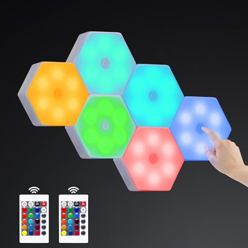 6 Stück LED Sechseck Gaming Wandleuchte, Hexagon RGB Panel mit Fernbedienung, Intelligente Timing Dimmbare Dekoratives Atmosphärenlicht, DIY Modular Geometry Assembly für Gamer Zimmer Schlafzimmer Bar