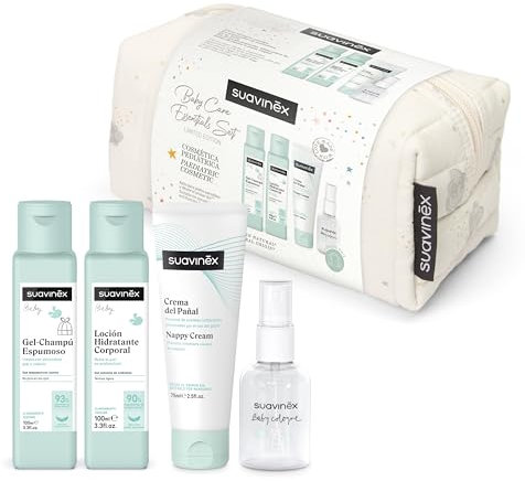 Suavinex, Beauty Case in Tessuto, Set Regalo Neonato con Cosmetici: Shampoo Gel 100 ml + Lozione Idratante 100 ml + Crema Pannolino 75 ml + Colonia Baby 50 ml. Formato viaggio. Sogni beige