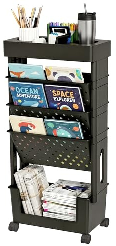 yeavs 5-Tier Mobile Bookshelf, Rolling Bookcase Book Storage Rack, Movable File Folder Organizer Cart with Wheels for Home Study Office Living Room Classroom, Black