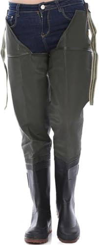 DgtZyrih Men's Fishing Hip Waders,Thickening High Water Shoes PVC Waterproof Pants Adjustable Wading Trousers Non-Slip Rubber Boots Outdoor Fishing Rain Boots,Green,42