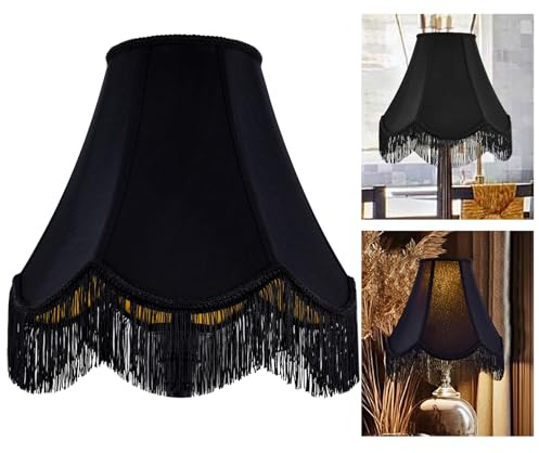 GO&SO Black Silk Bell Lamp Shades Petal Edge Braid with Black Fringe Trim, 6x13x10.6(Spider), Classic Scalloped Lamps Shade Hand Crafted, Replacement Lamp Shades for Table,Floor Lamps,Easy Assembly