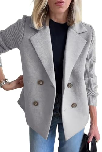 ebossy Women's Double Breasted Wool Pea Coat Notched Lapel Ribbed Knit Long Sleeve Sweater Short Blazer Jacket (S, Grey)