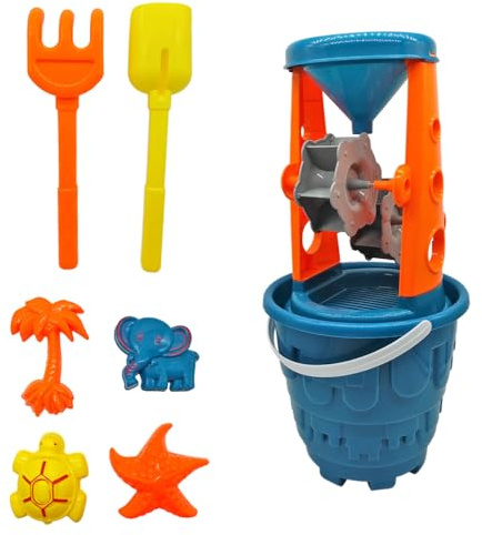 Tradineur - Cubo de Playa con Molinillo, Pala, rastrillo y moldes, Juguete de plástico para niños, Jugar en la Arena, Playa, Parque, 8 Piezas