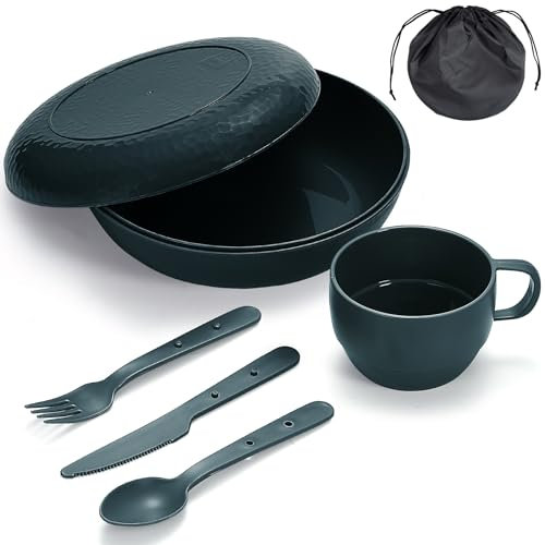 Berglander Set Cubiertos Camping, Vajilla Camping, Tazón, Plato, Taza, Cuchara, Tenedor, Cuchillo y Bolsa de Transporte, Equipo de Plástico para Viajes, Fácil de Transportar Limpiar