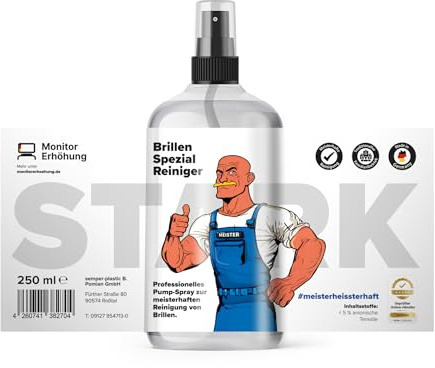 Brillen Spezialreiniger Spray - Brillengläser Reiniger für glasklaren Durchblick - Streifenfreier Brillen Reiniger für alle Glastypen - Premium Reinigungsspray Brille (250ml)