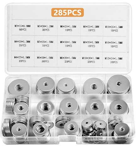 285 PcsWashers for Screws, Stainless Steel Flat Penny Washer for Bolts and Nuts Repair, Metal Washers Assorted M3 M4 M5 M6 M8 M10 M12 Washer Set