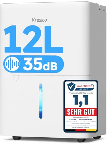 Kresico xWolei Luftentfeuchter elektrisch 12L/24h, Entfeuchter elektrisch 35dB, Raumentfeuchter für Räume ca. 122m³/25m², mit Ablaufschlauch, Timer, Filter, auto Abtauen, Kältemittel R290, 10 J. Gar.