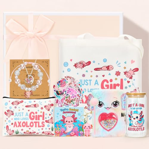 Defresit Axolotl Gifts for Girls - 10PCS Cute Axolotl Gift Basket with Iced Coffee Cup, Tote Bag, Axolotls Accessories for Birthday Graduation Axolotl Lovers