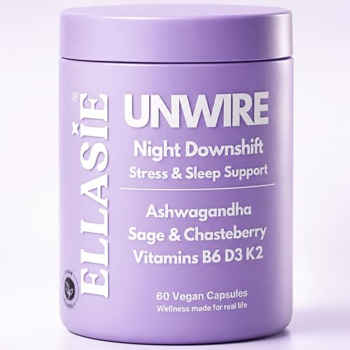 ELLASIE UNWIRE PM — Ashwagandha Cortisol & Hormone Balance Supplement for Women — Stress & Sleep Support with Chasteberry (Vitex), Sage, Vitamin B6, D3, K2 — 60 Vegan Capsules, 1 Month Supply