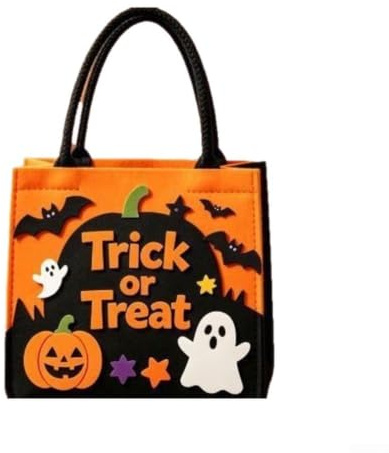 PureBowlic Halloween för bus eller godisväska för barn Stor återanvändbar filt godisväska med flätade rephandtagLäskiga dekorationer för festgåvor och förvaring färgglad 45 x 30 cm