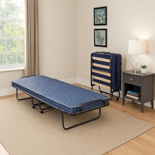 Talamo Italia Dmora - Letto Pieghevole Balaguer, Brandina con Rete a doghe e Materasso Incluso, Letto con Ruote, Cm 190x80h30