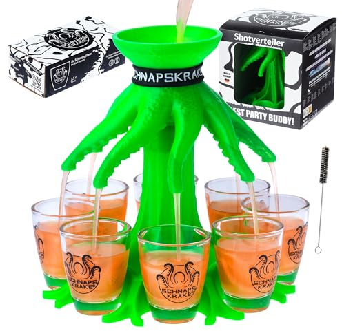 Schnapskrake ® - Getränkeverteiler für 8 Personen - leuchtet im Neon Licht - 18 Geburtstag Geschenk - Party Zubehör - Bar Butler - Ausgiesser - Einschenker (Neon grün, inkl. Gläser)