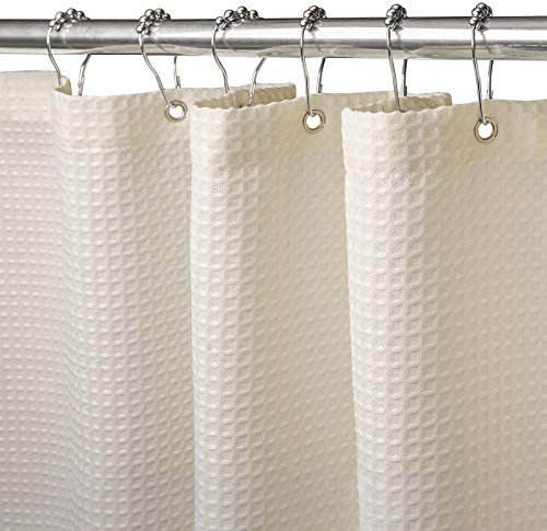 Waffel Duschvorhang mit Metall Duschvorhangringe Stoff Textil Badewannenvorhang Anti Schimmel Bad Vorhang Set Wasserdicht Badewanne Vorhang Schwerer Shower Curtain Badezimmer - 182 x 214cm (Creme)
