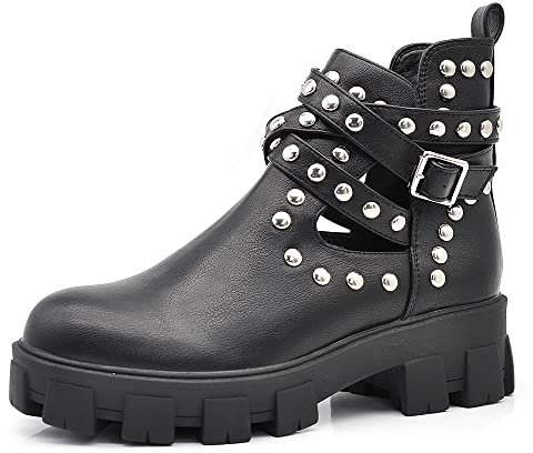 IF Moda Zapatos de Mujer Botas Botines Biker Hebillas Tacos Primavera Perforados 340 350, 6608 Negro, 41 EU