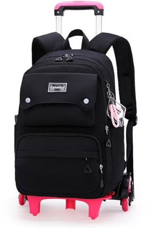 LANSHIYA Einfarbiger Mädchen-Rollrucksack mit Rädern, Schultasche, Grundschule, Schüler, Trolley, Tagesrucksack, Schwarz - Sechs Räder, 6 Wheels, Daypack Rucksäcke