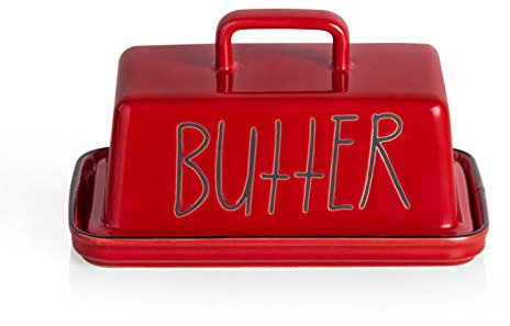 Sweejar Home Ceramic Butter Dish with Handle Lid, 18 cm Porcelain Large Butter Keeper with Cover, Perfect for East/West Butter (Red)
