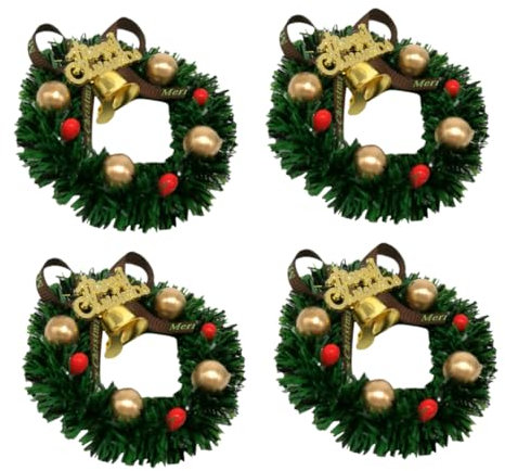 Warmhm 4 Stück Weihnachtskranz Weihnachtshandwerkskranz Adventsgesteck Länglich Hängendes Ornament Mini-Rattan-Kranz Mini-feiertagskranz Miniatur Rote Beeren Plastik