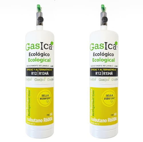 All4Sale - Gas Refrigerante Ecológico Orgánico GASICA D2 PRO Compatible con R134A y R12 – Pack de 2 Envases (Equivalente a 900 g) con Válvula Incluida