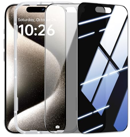 SYNCWIRE Panzer Sichtschutz Glas für iPhone 15 Pro 6.1'' [2-Pack], Full Screen 28° Anti-Spionage Displayschutz, 9H Schutzfolie mit Schwarzem Rand [Einfache Installation] [Empfindlicher Touch]