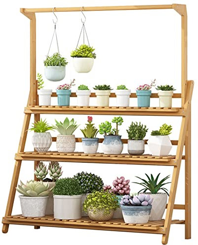 SZITW Flower Plant Stand Display Rack Bamboo 3 Tier Garden Shelves Folding Display Shelving Hanging Storage Organizer Rack For Home Garden Patio Balcony Indoor Outdoor Étagère À Plantes