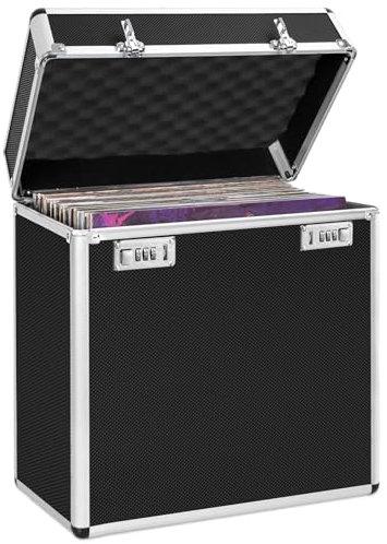 OUUTMEE Schallplattenkoffer, Speicherkapazität: ca. 50 Schallplatten, schwarz, Design aus Aluminiumlegierung