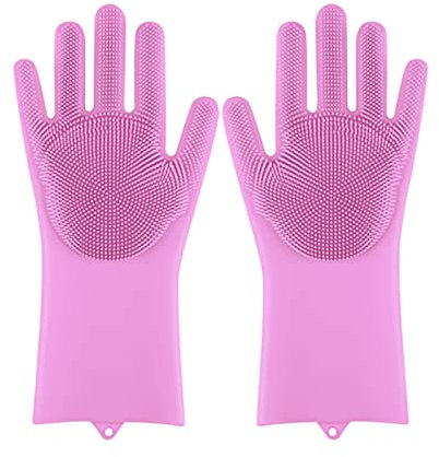JYMALISA Cleaning Gloves Pet Grooming Cleaning Gloves Dog Cat Bathing Shampoo Glove Scrubber Magic Dishwashing Cleanner Sponge Silicon Hair Removal Glove Eco Friendly Cleaning Gloves(Pink)
