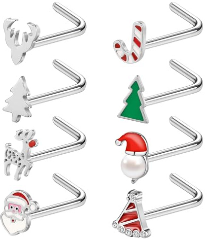 ZS Lot de 8 piercings de nez en forme de L en forme de L en forme de L avec tire-bouchon Père Noël, 20 g, Acier inoxydable, Pas de gemme