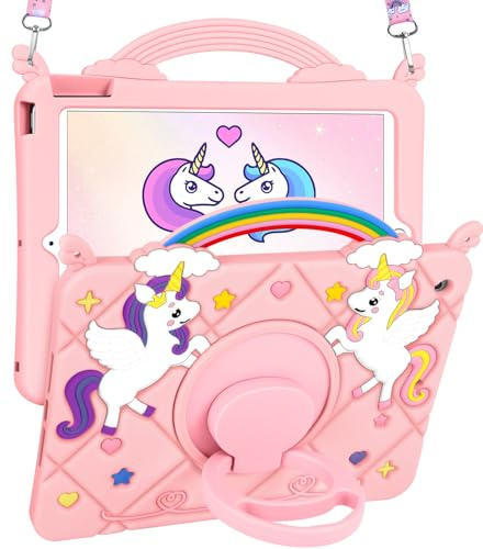 SurgeCraft for iPad 9th/8th/7th Generation 10.2 Case - Kawaii Cute for iPad 9th/8th/7th Gen Cover Soft Silicone PK Unicorn 3D Cartoon Funda Para iPad 9/8/7 with Strap & Rotating Stand for Girls Girly