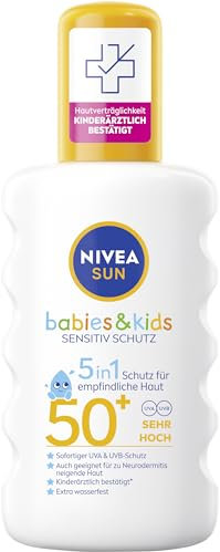 NIVEA SUN Babies & Kids Sensitiv Schutz Sonnenspray LSF 50+, extra wasserfestes Sonnencreme Spray für Kinder, duftfreier Sonnenschutz auch für zu Ekzemen neigender Haut (200 ml)