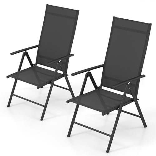 GOPLUS Gartenstuhl klappbar, Klappstuhl mit Hochlehner 7-Fach verstellbar & Armlehnen, Balkonstuhl atmungsaktiv bis 180kg, Campingstuhl Klappsessel Outdoor für Garten Balkon Terrasse (Schwarz,2)