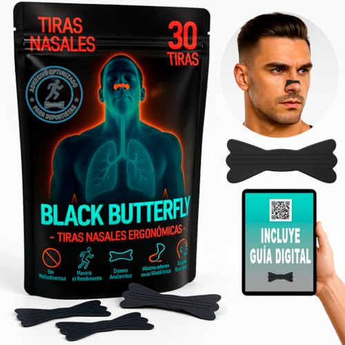 30 Tiras nasales BLACK BUTTERFLY 30 uds - doble refuerzo, máxima adhesión (6X2,30 cm) – Mejora la Respiración y la Oxigenación, Antironquidos, Máxima Adhesión para Deporte y Dormir